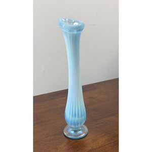 Fenton Light Blue Opalescent Ribbed Bud Vase Ruffled Rim Carnival Glass 8 Inch
